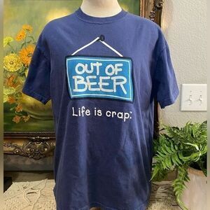 Vtg Life Is Crap T-Shirt M Blue Funny Humor Degenerate Beer Dad Jokes Y2K